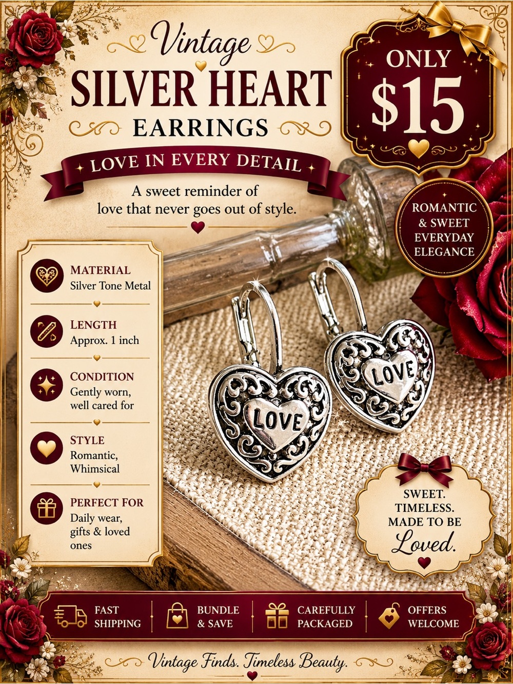 Valentine’s Day Silver Tone Heart Earrings with 'LOVE' Engraving, 1” Dangles